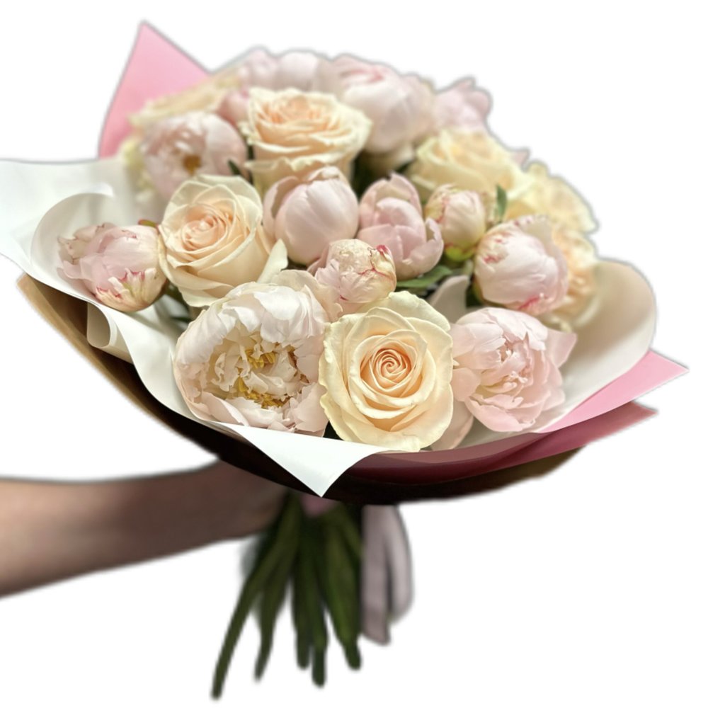 Bijūnų puokštė iš InFlowers studijos